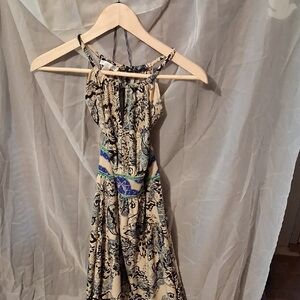 London Times Strapless Dress in Cream and Blue Paisley
